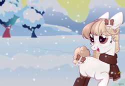 Size: 1445x1000 | Tagged: safe, artist:lothard juliet, oc, oc only, earth pony, pony, clothes, female, mare, open mouth, scarf, snow, socks, solo, wingding eyes, winter