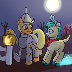 Size: 1280x1280 | Tagged: safe, artist:mkogwheel, alice the reindeer, applejack, nightmare moon, deer, earth pony, pony, reindeer, best gift ever, christmas, cloven hooves, colored hooves, female, halloween, hearth's warming, holiday, jack-o-lantern, mare, moon, night, nightmare night, pumpkin, snow, that was fast, the wizard of oz, tin man