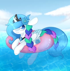 Size: 1615x1651 | Tagged: safe, artist:aliceub, oc, oc only, alicorn, pony, alicorn oc, braid, braided tail, crown, female, flower, flower in hair, hair over one eye, inner tube, mare, peytral, regalia, solo, swimming