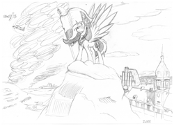Size: 3507x2550 | Tagged: safe, artist:in3ds2, oc, oc only, oc:queen poland, alicorn, alicorn oc, building, fighter plane, flag, independence day, monochrome, plane, poland, polish national independence day, solo, tank (vehicle), traditional art, war