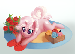 Size: 1847x1327 | Tagged: safe, artist:marycitrus, oc, oc only, oc:marshmallow fluff, pony, unicorn, bouquet, cupcake, female, flower, freckles, mare, prone, rose, solo, starry eyes