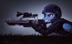 Size: 3378x2068 | Tagged: safe, artist:das_leben, rainbow dash, pegasus, pony, armor, commission, crossover, grenade, helmet, mobile infantry, scar, simple background, starship troopers, weapon