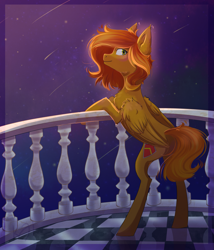 Size: 3001x3508 | Tagged: safe, artist:shiro-roo, oc, oc only, oc:camber, pegasus, pony, balcony, bipedal, bipedal leaning, female, leaning, looking at you, looking back, looking back at you, mare, night, shooting star, solo