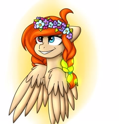 Size: 2077x2160 | Tagged: safe, artist:rskyfly, oc, oc only, pegasus, pony, braid, bust, female, floral head wreath, flower, heterochromia, mare, portrait, smiling, solo