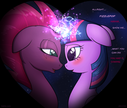 Size: 3525x2985 | Tagged: safe, artist:haltie, fizzlepop berrytwist, tempest shadow, twilight sparkle, my little pony: the movie, blushing, broken horn, dialogue, female, horns are touching, lesbian, magic, night, romantic, shipping, sparking horn, starry backdrop, stars, tempestlight