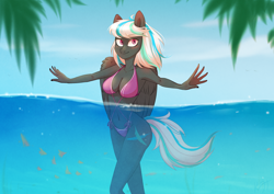 Size: 3508x2480 | Tagged: safe, artist:shiro-roo, oc, oc only, oc:crosswind, anthro, pegasus, bikini, breasts, cleavage, clothes, female, solo, spread arms, swimsuit, water, ych result