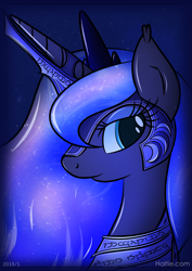 Size: 2177x3079 | Tagged: safe, artist:haltie, princess luna, alicorn, pony, armor, blue eyes, blue hair, eyelashes, female, looking at you, portrait, profile, solo, tengwar