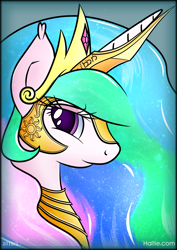 Size: 2177x3079 | Tagged: safe, artist:haltie, princess celestia, alicorn, pony, armor, crown, eyelashes, female, jewelry, looking at you, multicolored hair, portrait, profile, solo, tengwar