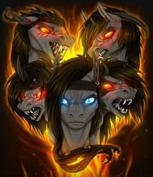 Size: 1225x1420 | Tagged: safe, alternate version, artist:dementra369, demon pony, pony, black veil brides, bust, devil's choir, fangs, fire, glowing eyes, headband, piercing, ponified, portrait, song reference