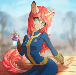 Size: 1280x1270 | Tagged: safe, artist:glorious-rarien, oc, oc only, oc:tarot, anthro, classical unicorn, unicorn, anthro oc, bottle, clothes, cloven hooves, commission, curved horn, digital art, fallout, fallout 4, female, floppy ears, horn, jumpsuit, leonine tail, long mane, long tail, looking at you, mare, no pupils, nuka cola, nuka cola quantum, palomino, pink mane, pipboy, sitting, smiling, solo, unshorn fetlocks, vault suit, ych result