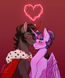 Size: 1826x2196 | Tagged: safe, artist:kayotanv87, king sombra, twilight sparkle, twilight sparkle (alicorn), alicorn, unicorn, alternate hairstyle, blushing, cape, clothes, female, heart, horn, horns are touching, male, shipping, smiling, straight, twibra, wings