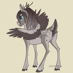 Size: 1024x1024 | Tagged: safe, artist:dementra369, oc, oc only, deer, original species, peryton, foal, simple background, solo, spread wings, wings