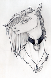 Size: 800x1230 | Tagged: safe, artist:dementra369, oc, oc only, earth pony, pony, bust, collar, ear piercing, female, jewelry, lidded eyes, mare, monochrome, pendant, piercing, portrait, sketch, solo, teeth, traditional art