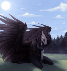Size: 1320x1408 | Tagged: safe, artist:dementra369, oc, oc only, anthro, pegasus, eyes closed, female, kneeling, large wings, solo, spread wings, wings