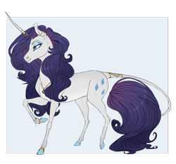 Size: 1280x1192 | Tagged: safe, artist:dementra369, rarity, classical unicorn, pony, unicorn, alternate universe, bracelet, cloven hooves, colored hooves, eyeshadow, female, horn jewelry, jewelry, leonine tail, lidded eyes, long horn, makeup, mare, pendant, raised hoof, realistic horse legs, solo, tail jewelry