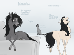 Size: 1280x960 | Tagged: safe, artist:dementra369, oc, oc only, earth pony, pony, armchair, crossed hooves, dialogue, trio