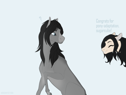 Size: 1280x960 | Tagged: safe, artist:dementra369, oc, oc only, earth pony, pony, duo, eyes closed, grin, happy, question mark, raised hoof, smiling