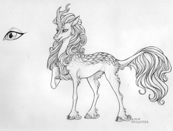 Size: 1280x969 | Tagged: safe, artist:dementra369, autumn blaze, kirin, sounds of silence, female, grin, monochrome, sketch, smiling, solo, traditional art, unshorn fetlocks