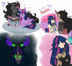 Size: 2538x2300 | Tagged: safe, artist:fuufuucuddles, king sombra, smarty pants, twilight sparkle, twilight sparkle (alicorn), alicorn, human, pony, umbrum, unicorn, blushing, book, crying, doodles, elf ears, female, floating heart, frown, heart, heart eyes, horned humanization, humanized, looking at each other, magic, male, question mark, reading, shipping, sombra eyes, straight, sweat, telekinesis, twibra, twilight snapple, wingding eyes, winged humanization, wings