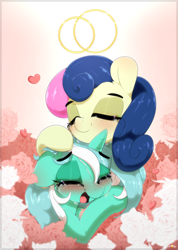 Size: 3333x4676 | Tagged: safe, artist:n0nnny, bon bon, lyra heartstrings, sweetie drops, earth pony, pony, unicorn, the big mac question, crying, eyes closed, female, happy birthday mlp:fim, lesbian, lyrabon, marriage, marriage rings, married couple, messy mane, mlp fim's ninth anniversary, open mouth, ring, shipping, tears of joy, tears of pleasure, wedding ring