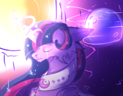 Size: 1400x1100 | Tagged: safe, artist:topolok, twilight sparkle, twilight sparkle (alicorn), alicorn, pony, bust, cheek fluff, crying, ethereal mane, eyes closed, female, floppy ears, glowing horn, jewelry, mare, necklace, portrait, sketch, solo, starry mane