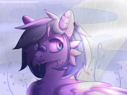 Size: 1280x960 | Tagged: safe, artist:topolok, oc, oc only, pegasus, pony, bandaid, bust, ear piercing, gritted teeth, male, piercing, portrait, rain, solo, stallion