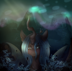 Size: 3400x3353 | Tagged: safe, artist:topolok, queen chrysalis, changeling, changeling queen, :<, bust, female, looking down, mountain, portrait, sad, solo, spread wings, wings