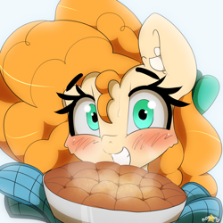 Size: 2222x2222 | Tagged: safe, artist:n0nnny, pear butter, earth pony, pony, blushing, bow, cute, female, food, green eyes, looking at you, mare, pearabetes, pie, simple background, smiling, solo, sweat, white background