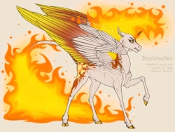 Size: 1280x960 | Tagged: safe, artist:dementra369, daybreaker, alicorn, pony, cloven hooves, colored, curved horn, fangs, female, hooves, horn, leonine tail, mane of fire, mare, raised hoof, simple background, solo, spread wings, unshorn fetlocks, wings