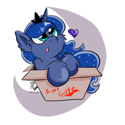 Size: 2000x2000 | Tagged: safe, artist:viejillox64art, princess luna, alicorn, pony, box, cheek fluff, crescent moon, cute, ear fluff, female, heart, moon, pony in a box, simple background, solo, transparent background, viejillox64 is trying to murder us