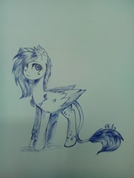 Size: 1224x1632 | Tagged: source needed, safe, artist:okity, oc, oc only, original species, pony, bracelet, female, jewelry, leonine tail, mare, monochrome, smiling, solo, traditional art, wings