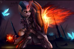 Size: 2560x1707 | Tagged: source needed, safe, artist:apostolllll, oc, oc only, pony, semi-anthro, armor, bipedal, cape, clothes, crystal, fangs, fire, heterochromia, shield, solo