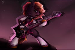 Size: 2560x1707 | Tagged: source needed, safe, artist:apostolllll, oc, oc only, earth pony, pony, semi-anthro, collar, electric guitar, eyeshadow, guitar, makeup, metal, open mouth, running makeup, solo, spiked collar, tongue out