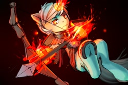 Size: 1920x1280 | Tagged: source needed, safe, artist:apostolllll, lyra heartstrings, pony, unicorn, bow (weapon), clothes, female, frog (hoof), hand, horseshoes, magic, magic hands, mare, solo, underhoof