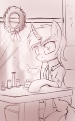 Size: 640x1024 | Tagged: source needed, safe, artist:apostolllll, lyra heartstrings, pony, unicorn, cafe, cake, christmas wreath, clothes, cup, curved horn, female, food, horn, lineart, magic, mare, monochrome, shirt, sketch, solo, telekinesis, wreath