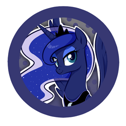 Size: 500x500 | Tagged: safe, artist:jessy, princess luna, alicorn, pony, abstract background, bust, button, dots, ethereal mane, female, mare, smiling, solo, starry mane