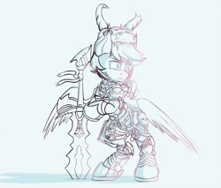 Size: 1266x1080 | Tagged: source needed, safe, artist:apostolllll, oc, oc only, pegasus, pony, armor, beard, bipedal, bipedal leaning, facial hair, helmet, leaning, male, monochrome, sketch, skull helmet, solo, stallion, sword, weapon