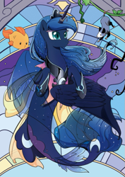 Size: 399x564 | Tagged: safe, artist:yukandasama, princess luna, tiberius, alicorn, fish, opossum, pony, spoiler:comic, bubble fish, female, mare, seaponified, seapony luna, solo focus, species swap, stained glass