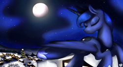 Size: 1970x1080 | Tagged: safe, artist:sugar morning, princess luna, alicorn, pony, canon, christmas, christmas tree, eyes closed, female, flying, happy hearth's warming, hearth's warming, hearth's warming eve, holiday, luna's day, mare, merry christmas, moon, night, scenery, snow, solo, stars, tree, village, wallpaper, winter, winter solstice