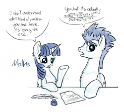 Size: 887x799 | Tagged: safe, artist:nightpaint12, flash sentry, twilight sparkle, twilight sparkle (alicorn), alicorn, pony, cropped, hilarious in hindsight, inkwell, just friends, math, quill, tutoring