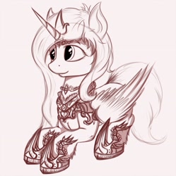 Size: 2152x2160 | Tagged: source needed, safe, artist:apostolllll, alicorn, pony, armor, crown, female, hoof shoes, mare, monochrome, peytral, prone, regalia, sketch, smiling, solo