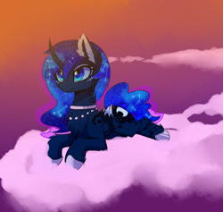 Size: 1600x1515 | Tagged: safe, artist:magnaluna, princess luna, alicorn, pony, cheek fluff, chest fluff, cloud, collar, curved horn, ear fluff, ethereal mane, female, galaxy mane, horn, jewelry, leg fluff, mare, necklace, prone, smiling, solo