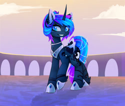 Size: 2480x2111 | Tagged: safe, artist:magnaluna, princess luna, alicorn, crystal pony, pony, alternate hairstyle, body markings, chest fluff, collar, colored pupils, colored wings, colored wingtips, crystallized, curved horn, ear fluff, ethereal mane, female, galaxy mane, grin, horn, leg fluff, mare, neck fluff, raised hoof, short hair, smiling, solo