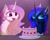 Size: 2300x1829 | Tagged: safe, artist:magnaluna, princess celestia, princess luna, alicorn, pony, cake, cakelestia, cheek fluff, colored pupils, crown, curved horn, cute, cutelestia, ear fluff, ethereal mane, eyes on the prize, female, food, galaxy mane, horn, jewelry, lunabetes, mare, neck fluff, open mouth, regalia, tongue out