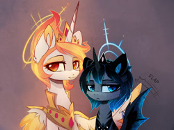 Size: 2067x1554 | Tagged: safe, artist:magnaluna, princess celestia, princess luna, alicorn, bat pony, bat pony alicorn, pony, :<, alternate design, alternate hairstyle, alternate universe, armor, bat ponified, bust, colored pupils, denied, duo, ear fluff, ear tufts, elemental pony, eyeshadow, female, flapping, frown, gradient background, halo, hug, lidded eyes, looking at you, luna is not amused, lunabat, makeup, mane of fire, mare, portrait, race swap, royal sisters, simple background, sitting, slit eyes, smiling, spread wings, unamused, wing fluff, wing hands, wing jewelry, winghug, wings
