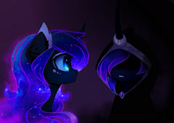 Size: 1900x1343 | Tagged: safe, artist:magnaluna, princess luna, alicorn, pony, cheek fluff, cloak, clothes, color porn, colored pupils, curved horn, ear fluff, ethereal mane, evil kermit, galaxy mane, horn, inner me, looking at each other, meme, missing accessory, self ponidox, simple background