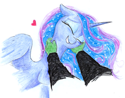 Size: 999x787 | Tagged: safe, artist:t72b, princess luna, oc, oc:anon, alicorn, human, pony, cute, disembodied hand, ethereal mane, eyes closed, female, floppy ears, galaxy mane, hand, happy, heart, human on pony petting, lunabetes, mare, missing accessory, offscreen character, petting, pov, scratching, traditional art