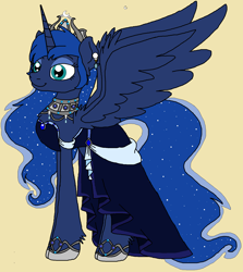 Size: 1448x1620 | Tagged: safe, artist:rosefang16, princess luna, alicorn, pony, alternate hairstyle, choker, clothes, crown, dress, ear fluff, ear piercing, earring, female, fluffy, hoof shoes, jewelry, mare, piercing, regalia, simple background, solo, yellow background