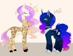 Size: 2300x1786 | Tagged: safe, artist:magnaluna, princess celestia, princess luna, alicorn, giraffe, pony, collar, colored wings, colored wingtips, curved horn, dialogue, duo, duo female, ear fluff, ethereal mane, female, galaxy mane, giraffelestia, giraffied, grin, horn, long neck, mare, multiple wings, open mouth, pink-mane celestia, princess necklestia, question mark, royal sisters, siblings, simple background, sisters, smiling, species swap, white background