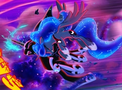 Size: 1896x1407 | Tagged: safe, artist:light262, nightmare moon, princess luna, alicorn, pony, comic:timey wimey, comic, cropped, ethereal mane, eyes closed, female, flying, glowing horn, self ponidox, tackle, wings